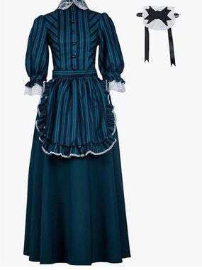 Small Ghost Host Haunted Mansion-Style Victorian Striped Maid Dress Teal & Black